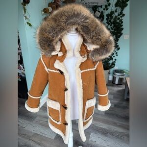 DAKOMA-KIDS OUTERWEAR MINK FUR-LINED COAT W/FUR HOOD-TIMBER Size 7